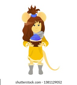 Isolated cartoon rat in a yellow dress and a gray scarf with blue cupcake. Year of the rat. Chinese horoscope. Beauty mouse.	