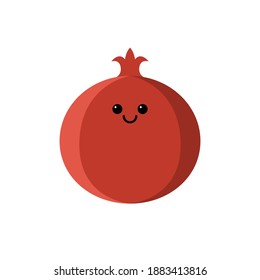 Isolated cartoon red pomegranate with kawaii face on white background. Colorful friendly pomegranate fruit. Cute funny personage. Flat design. For children product.