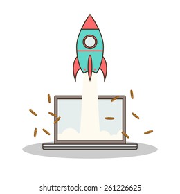 Isolated cartoon rocket and laptop online start up
