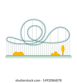 Isolated cartoon rollercoaster on white background, flat geometric rollercoaster ride with inversion loop railway track - amusement park attraction vector illustration