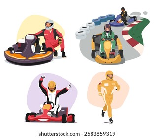 Isolated cartoon scene of go-cart racers engaged in various situation on automotive karting road track. Motorsport team speed drivers participating go-karting competition vector illustration