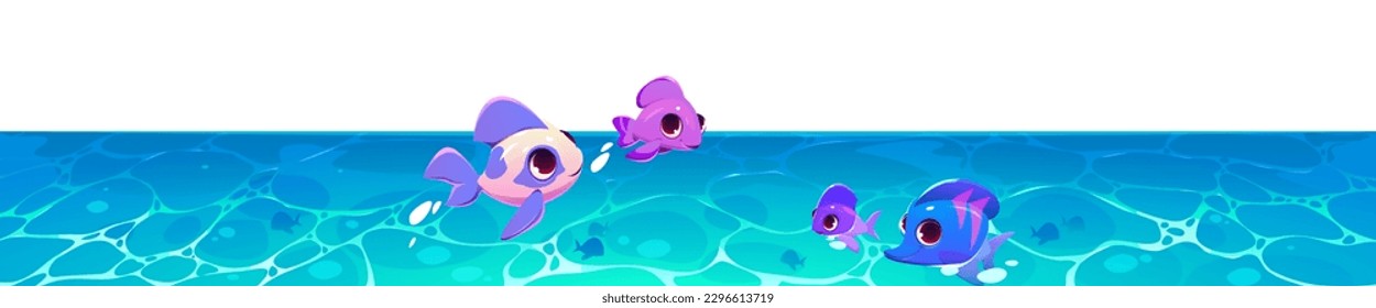 Caricatura aislada mar bajo el agua con familia de peces. Personaje lindo en la caricatura sobre el horizonte panorámico marino de agua oceánica. Patrimonio de la criatura púrpura con silueta para la plantilla para el fondo de la bandera de juego.