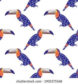 Isolated cartoon seamless pattern with bright navy blue toucan shapes. White background. Flat vector print for textile, fabric, giftwrap, wallpapers. Endless illustration.