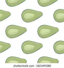 Isolated cartoon seamless pattern with doodle avocado ornament. Green breakfast food shapes on white background. Perfect for wallpaper, textile, wrapping paper, fabric print. Vector illustration.