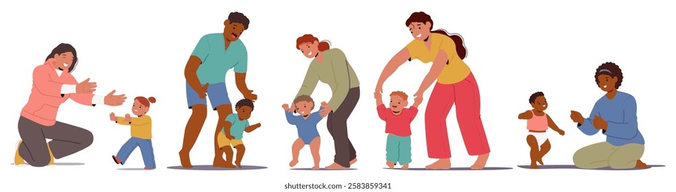 Isolated cartoon set cheerful parents enjoying time with active children teaching toddlers to make first steps. Happy parenthood, babysitting, baby growth and physical development vector illustration