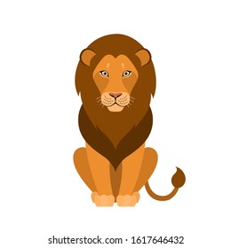 Isolated cartoon sitting brown lion on white background. Colorful frendly lion. Animal funny personage. Flat design.