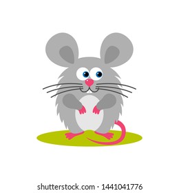 Isolated cartoon sitting gray mouse on white background. Colorful frendly mouse. Animal funny personage. Flat design.