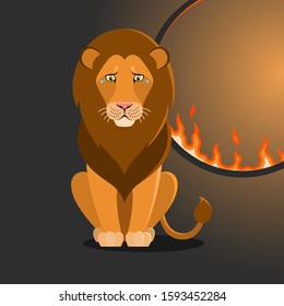 Isolated cartoon sitting lion near flaming hoop on black background. Colorful sad lion. Wild animal personage. Problem of exploitation of wild animals in circuses. Flat design.