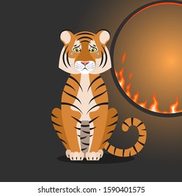 Isolated cartoon sitting orange tiger near flaming hoop on black background. Colorful sad tiger. Wild animal personage. Problem of exploitation of wild animals in circuses. Flat design.