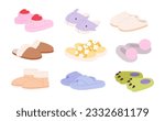 Isolated cartoon slippers. Home slipper for kids, fluffy winter footwear collection. Warming house accessories, adult shoes racy vector clipart