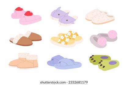 Isolated cartoon slippers. Home slipper for kids, fluffy winter footwear collection. Warming house accessories, adult shoes racy vector clipart