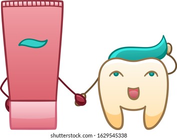 Isolated cartoon smiling tooth with toothpaste hairstyle holds hands with tube of toothpaste for International Dentist Day. White background, vector.