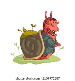 Isolated cartoon snail, vector illustration. Laughing humanized garden snail with grassy shell wearing a jacket. Anthropomorphic snail. Malicious evil snail. Funny escargot