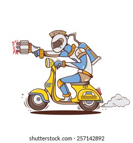 Isolated cartoon space alien guy riding scooter