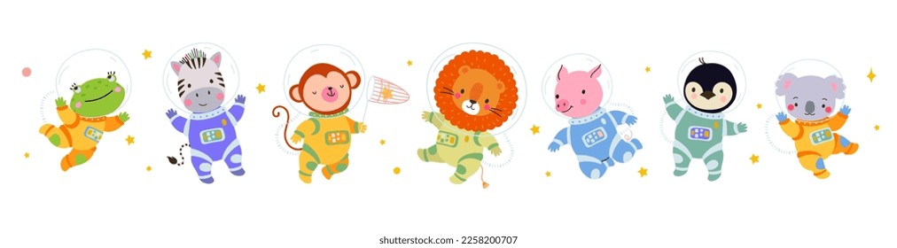 Isolated cartoon space animals. Cute leo, koala, penguin and zebra astronauts. Monkey and frog wear cosmonaut suit and spacesuit, vector characters