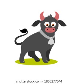 Isolated cartoon standing grey bull on white background. Colorful friendly bull. Animal funny personage. Flat design.