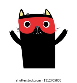 Isolated cartoon style cat in mask. Character design. Funny pet. Print. Poster.