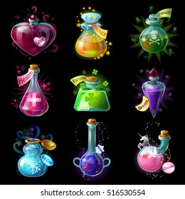 Isolated cartoon style magic potions for transformations set with colorful liquids in jars if different shape vector illustration