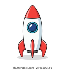 An isolated cartoon style rocket ship in red and white color with outline. The rocket is launching and ready for children book illustration.