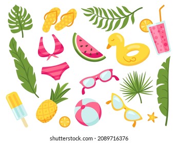 Isolated cartoon summer elements. Beach objects, pool party tropical collection. Seaside accessories, swimwear, sunglasses and cocktails neat vector set