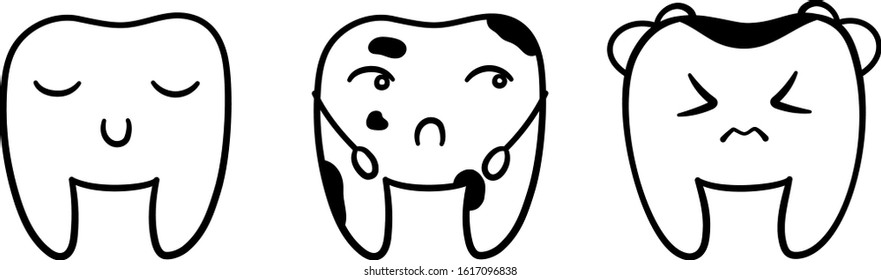 Isolated cartoon teeth set in black lines for International Dentist Day. Smiling tooth with closed eyes, sad one with caries and dirty one. White background, vector.