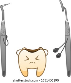 Isolated cartoon tooth with caries, metal dental probe and mouth mirror for International Dentist Day. White background, vector.
