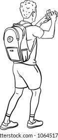 isolated cartoon tourist character in black and white for coloring with camera in hand from behind