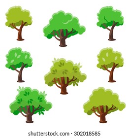 Isolated Cartoon Tree Set, Flat Vector Illustration