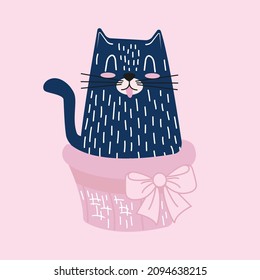 Isolated cartoon vector cute character cat in basket