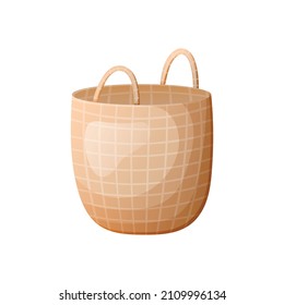 Isolated cartoon wicker basket for home decor with handles.