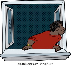 Isolated cartoon window with man looking outside