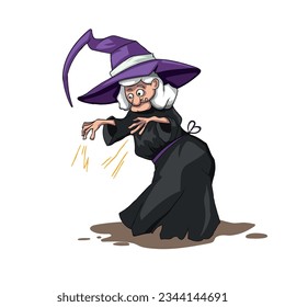 Isolated cartoon witch. Adult woman in violet magician hat. Witchcraft scene. Wizard colored poster. Spooky sorcery. Vector illustration