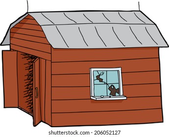 Isolated cartoon wooden barn with broken window