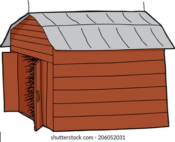 Isolated cartoon wooden barn with open doors