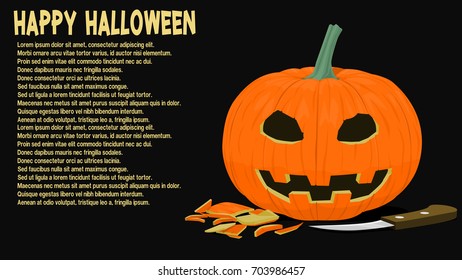 Isolated carved pumpkin with knife on black background
