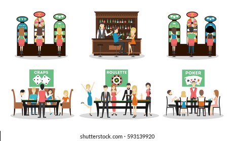 Isolated casino set on white background. Craps, roulette and poker. Bar and slot machines.