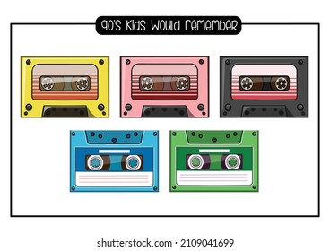 Isolated Cassette Icon Set, Retro music cassette, Stereo DJ tape, vintage 90s cassettes tapes and audio tape, antique radio play cassette, mix audiocassette 1980s 1990s mix tape