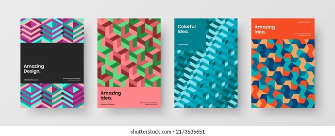 Isolated catalog cover vector design concept collection. Clean mosaic hexagons handbill template bundle.