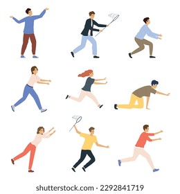 Isolated catching people flat icon set different people running after something with their arms outstretched with snares falling to their knees vector illustration