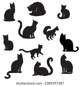 Isolated Cats on the white background. Animals silhouettes. Vector EPS 10.	