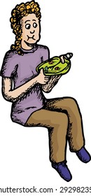 Isolated Caucasian child sitting while eating over white