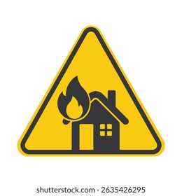 Isolated caution sign of building in fire, disaster symbol and safety awareness icon.