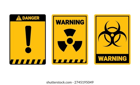 Isolated caution sign design featuring bold warning labels with biohazard symbol, radiation hazard icon, and exclamation mark alert in high-visibility yellow and black color scheme. Industrial safety signage suitable for laboratories, hazardous material zones, construction sites, factories, and workplace compliance materials. Clean flat vector format, fully editable and scalable for print and commercial use.