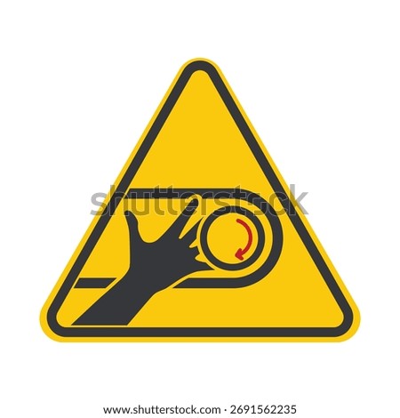 Isolated caution sign rotating machinery hazard, reminding workers to keep fingers and hands away to prevent industrial injury.