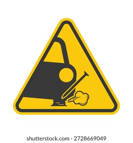 Isolated caution sign of tilted car showing flat tire with air burst illustration, symbolizing road safety and nail puncture danger