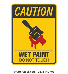 Isolated caution sign warning of wet paint with brush and dripping paint illustration, caution symbol to prevent accidental contact.