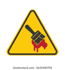 Isolated caution sign warning of wet paint with brush and dripping paint illustration, caution symbol to prevent accidental contact.