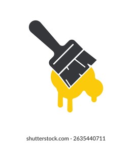 Isolated caution sign warning of wet paint with brush and dripping paint illustration, caution symbol to prevent accidental contact.