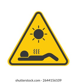 Isolated caution triangle sign warning about sun heat danger, avoiding beach sunbathing due to ultraviolet exposure and skin cancer risk.