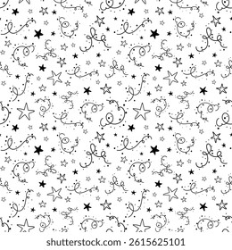 Isolated celebrate seamless pattern with festive stars shape and doodle abstract textures, Hand drawn ink black and white vector background, Trendy monochrome elements for christmas, birthday wrapping